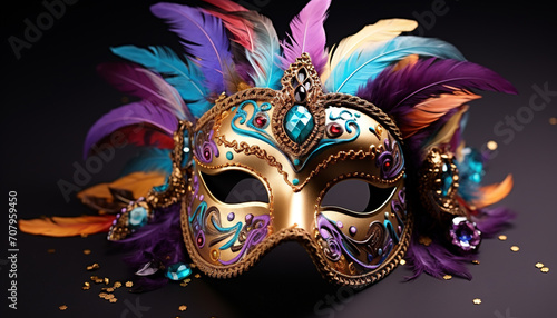 Mardi Gras celebration, costume, mask, mystery, gold, party generated by AI