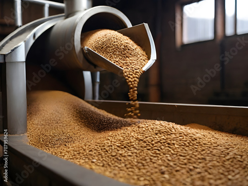 The grain is poured from the conveyor into a special vat for its collection. Close-up shooting of the process photo