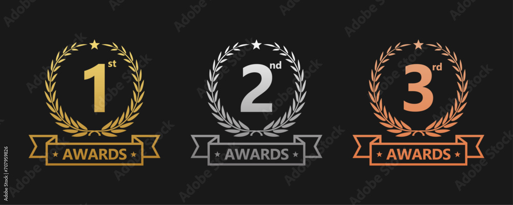 Award golden, silver, and bronze laurel wreaths with ribbons of First, second, and third winners. Vector set - obrazy, fototapety, plakaty 