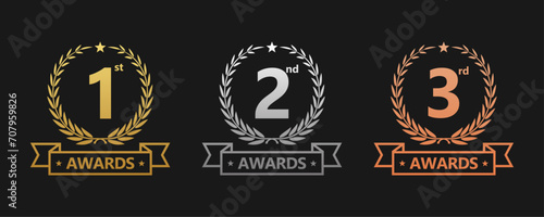 Award golden, silver, and bronze laurel wreaths with ribbons of First, second, and third winners. Vector set