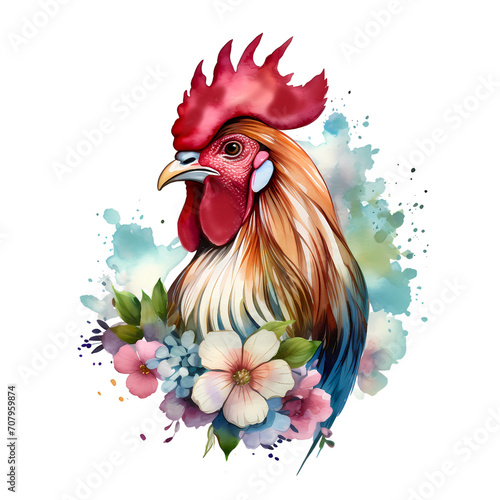 Water color clipart of beautiful Rooster with florals.