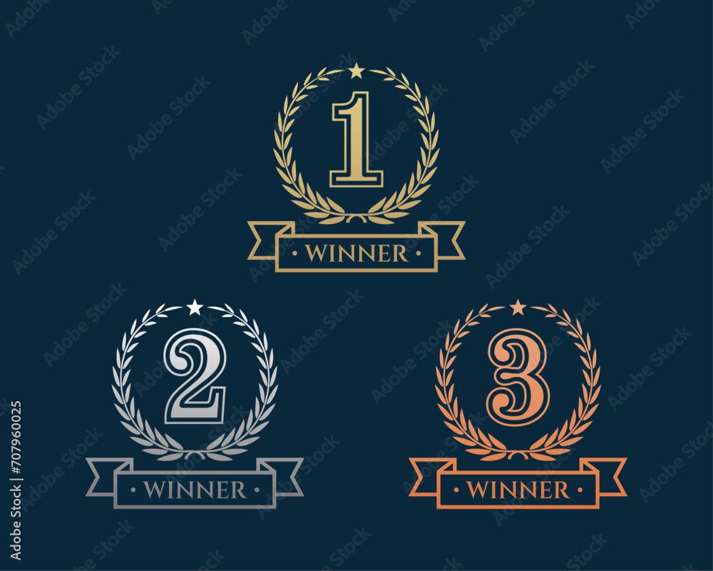 Fototapeta premium Award golden, silver, and bronze laurel wreaths with ribbons of First, second, and third winners. Vector set