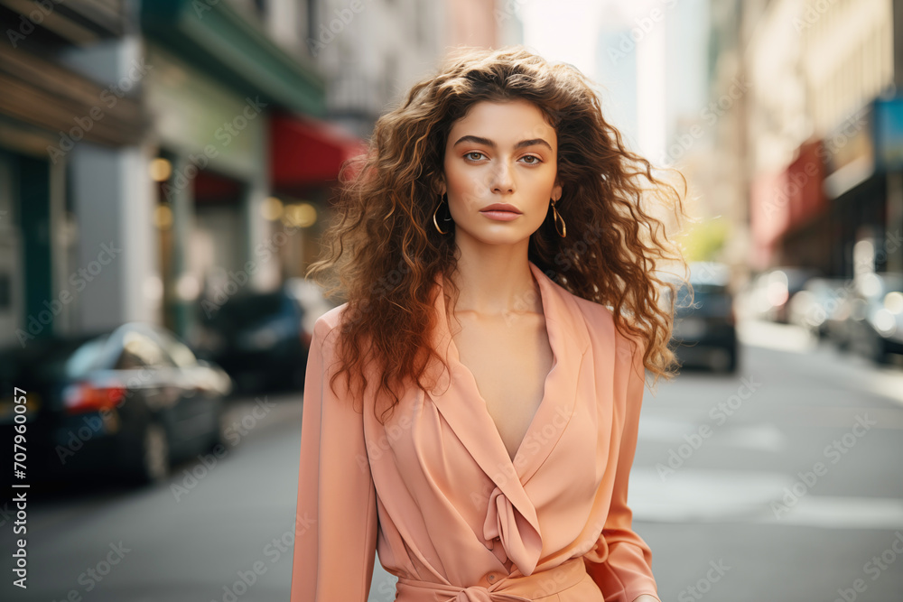 A beautiful girl model dressed according to the latest fashion trends is walking along a city street. Accents of Peach Fuzz shade in clothes create a refined and fashionable image.