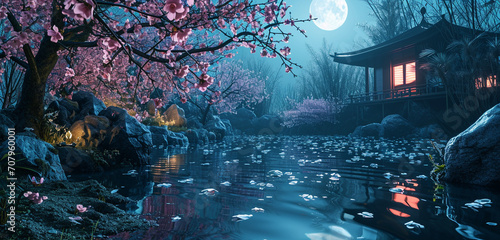 A serene Zen garden on a moonlit night with a reflecting pond and cherry blossoms,