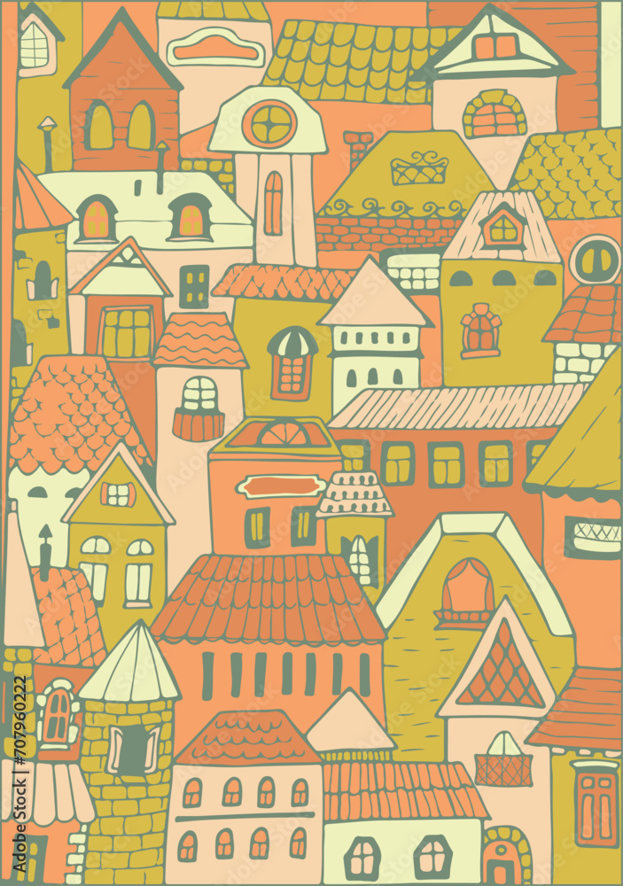 pattern townhouses cottages, European houses in cartoon style. Old city. Vector illustration