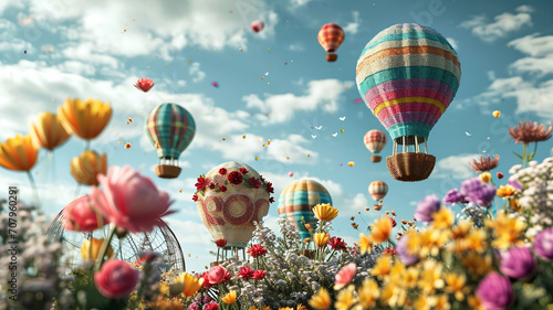 A sky filled with quilled hot air balloons, baskets of blooming flowers