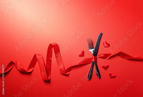 Fork and knife tied with a red ribbon in a shape of heart rate on red background photo
