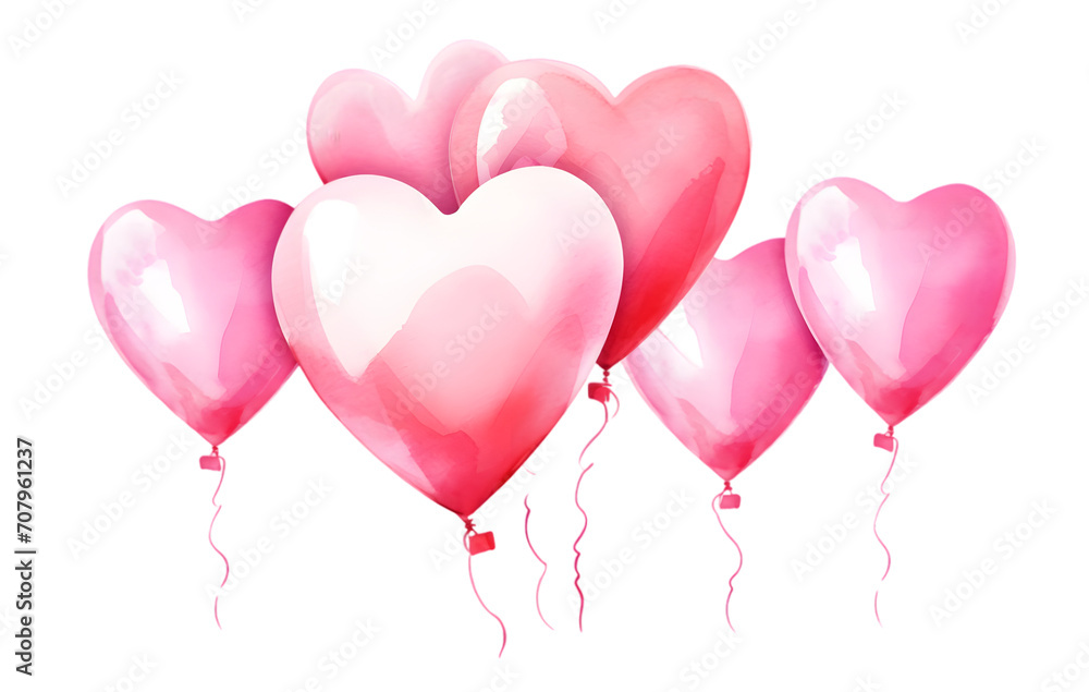 Colorful red heart shape party balloons in watercolor design isolated on transparent background
