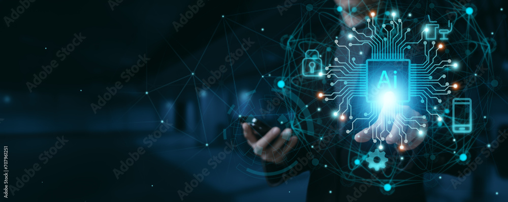 Fototapeta premium businessman using Ai technology in business by artificial intelligence, smart robot AI, Futuristic technology transformation, using AI technology for developing running business on cloud computing