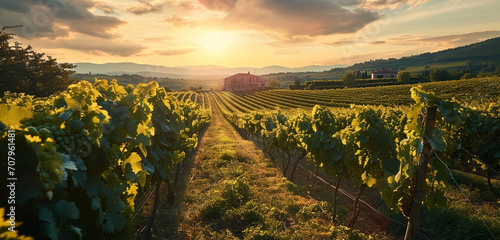 A sprawling vineyard at sunset, with rows of grapevines and a rustic farmhouse,