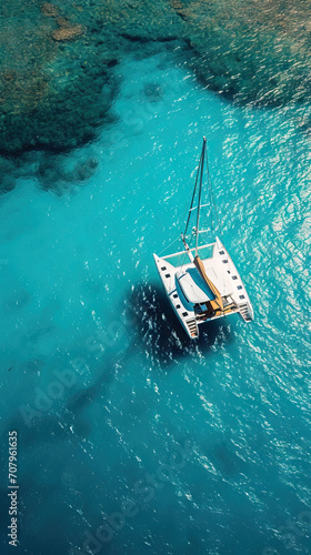 Aerial view of luxurious catamaran in the sea