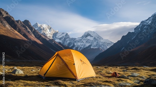Tent at the foot of the mountain for mountain climbing adventurers
