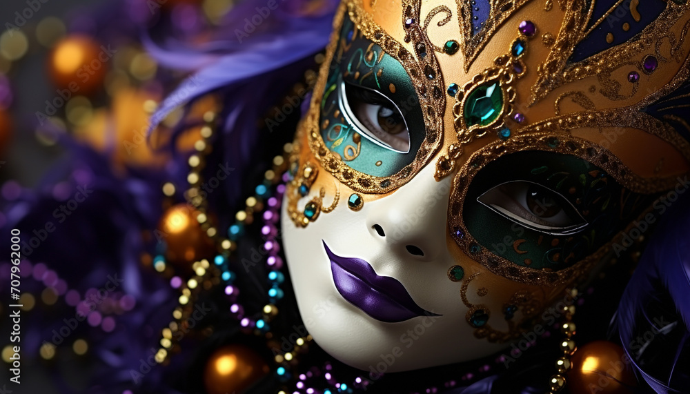 Purple costume, traveling carnival, elegance, Mardi Gras celebration generated by AI