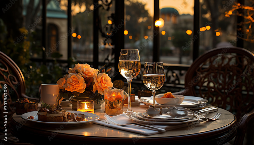 Romantic candlelit dinner outdoors, wineglass, elegance, luxury, crockery, decoration generated by AI