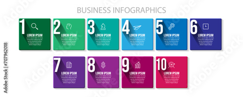 business infographic 10 parts or steps, there are icons, text, numbers. Can be used for presentation banners, workflow layouts, process diagrams, flow charts, infographics, your business presentations