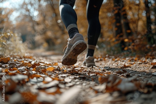 A person is seen running on a trail in the woods. This image can be used to depict outdoor activities or fitness