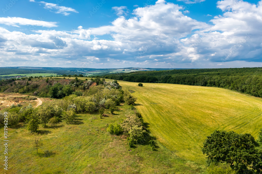 Aerial view from drone of beautiful green countryside and at summer