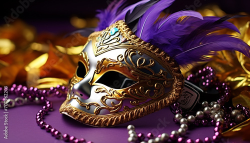 Mardi Gras mask, gold costume, shiny feather generated by AI