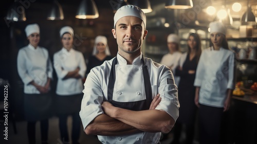 Portrait of a male chef standing with his team photo