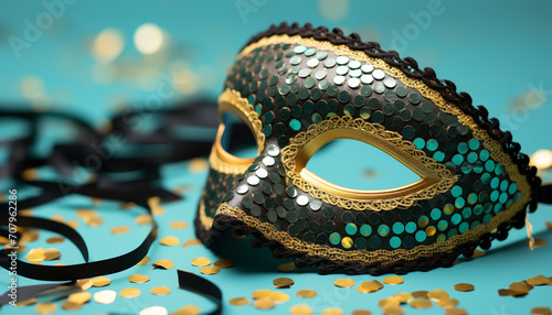 Masked celebration, gold costume, confetti, mystery, Mardi Gras generated by AI