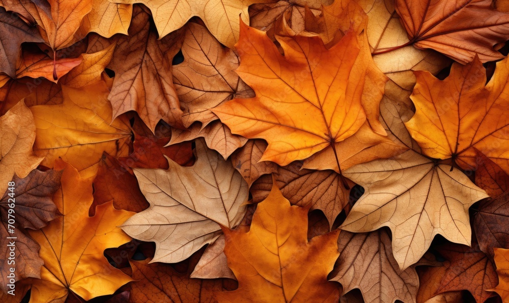 Fototapeta premium Colorful leaves are scattered around on the ground, large scale, top view, detailed texture. Autumn wallpaper.