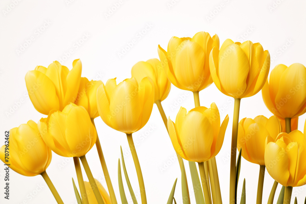 Obraz premium photography of some yellow tulip flowers on a white background, in the style of playful compositions created with Generative Ai