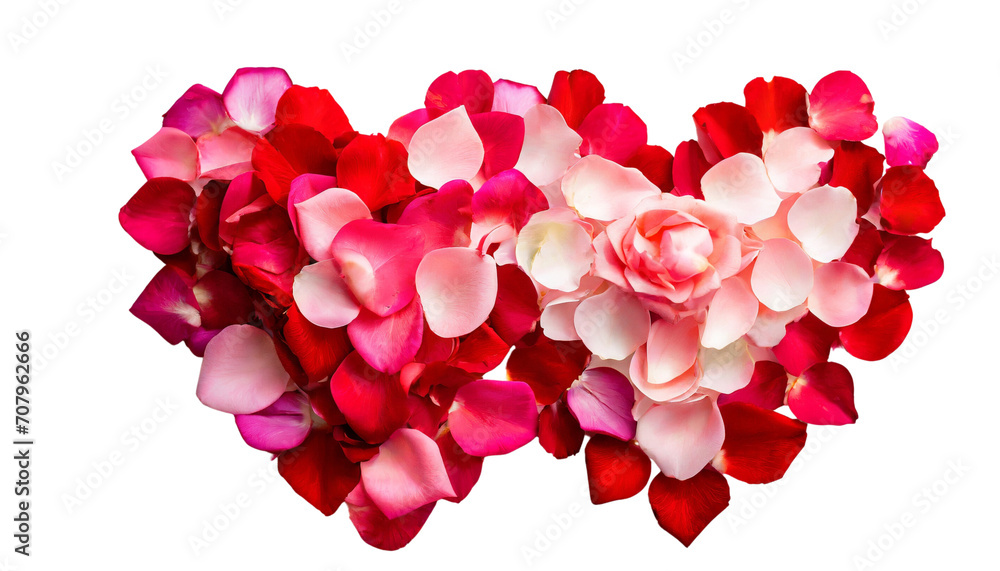 Two big hearts closeup consisting of rose petals on a transparent background