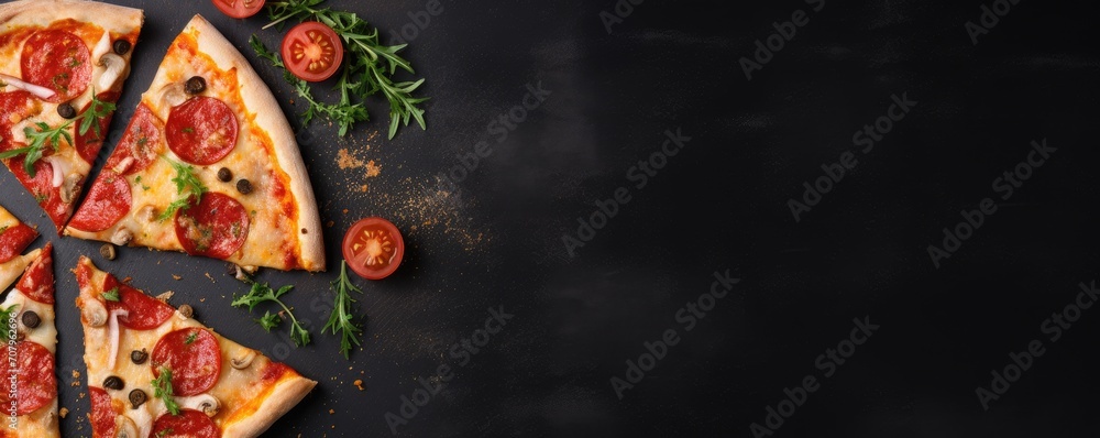 A traditional delicious italian pizza with ingredients on black background, top view.