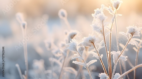 Plant covered with frost, hoarfrost or rime in winter morning, natural background Plant covered with frost, hoarfrost or rime in winter morning, natural background