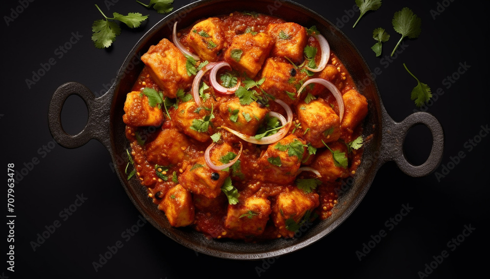 Freshly cooked gourmet meal grilled pork with spicy tomato sauce generated by AI Freshly cooked gourmet meal grilled pork with spicy tomato sauce generated by AI