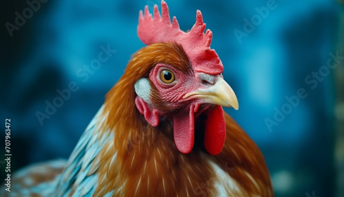 Majestic rooster on a farm, looking at camera with vitality generated by AI