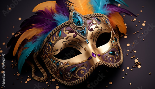 Feathered costume, mask, celebration, mystery, gold event generated by AI