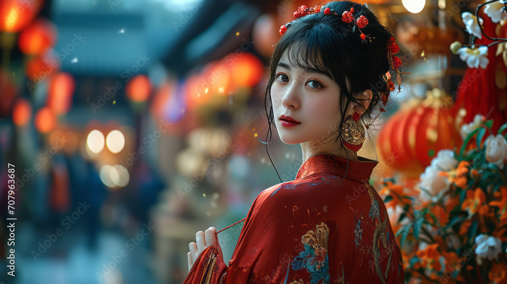 Beautiful Chinese girl wearing a red national costume, red background, Chinese style art. Carnival celebrating Chinese New Year national costume fashion