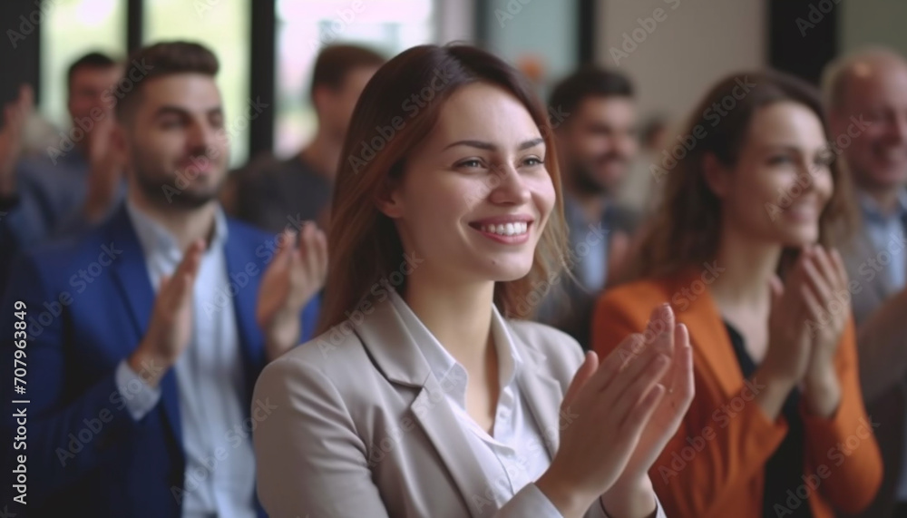 Smiling women and men, happiness in business, focus on foreground generated by AI Smiling women and men, happiness in business, focus on foreground generated by AI