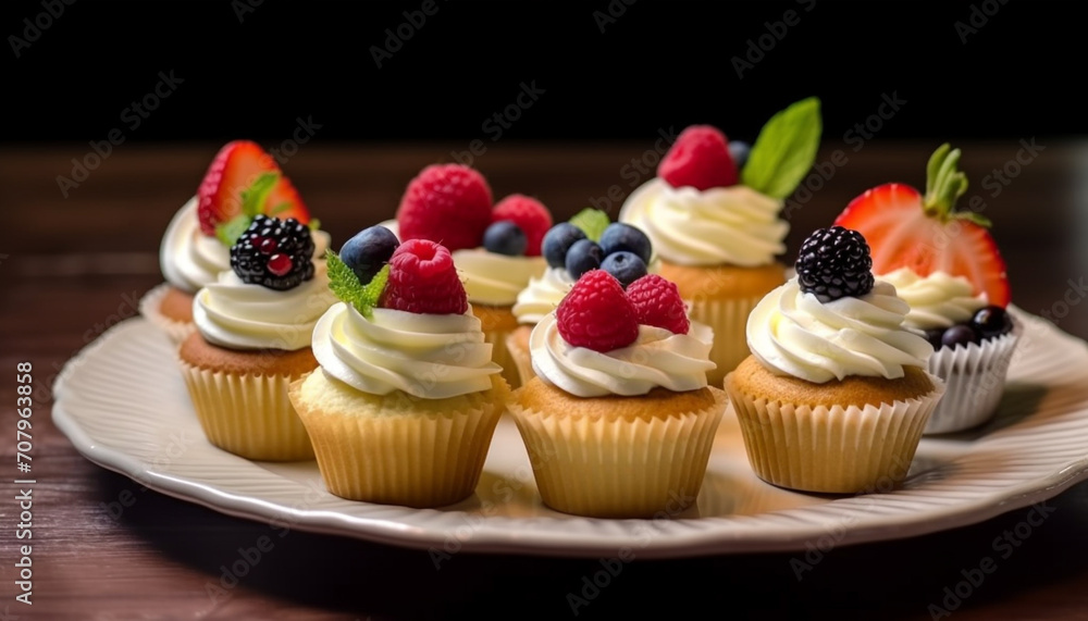 A colorful plate of homemade cupcakes, a sweet indulgence generated by AI