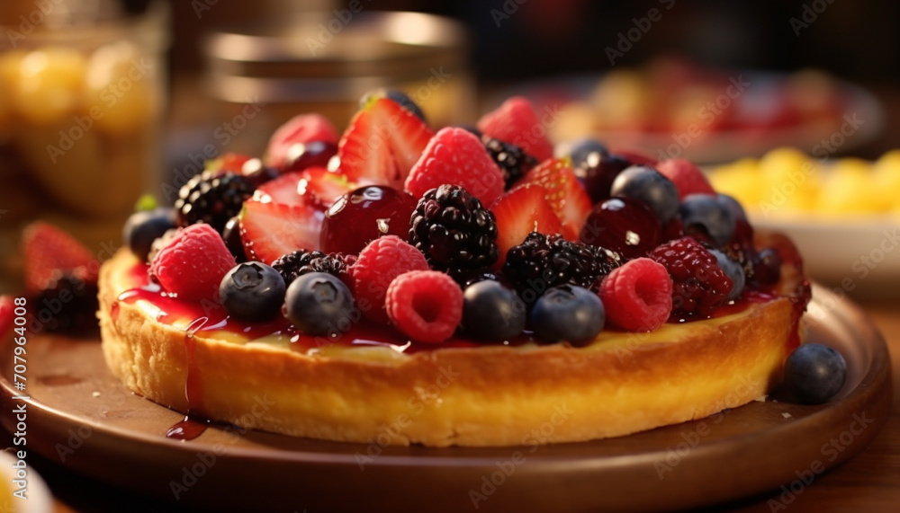 Freshness and indulgence on a homemade gourmet berry dessert plate generated by AI Freshness and indulgence on a homemade gourmet berry dessert plate generated by AI