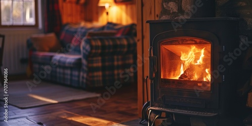 A cozy living room with a wood burning stove. Perfect for creating a warm and inviting atmosphere. Ideal for home decor or interior design projects photo