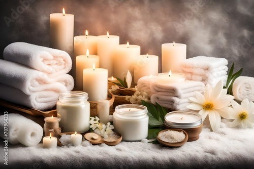 Spa day arrangement with scented candles  bath salts  and a fluffy towel.