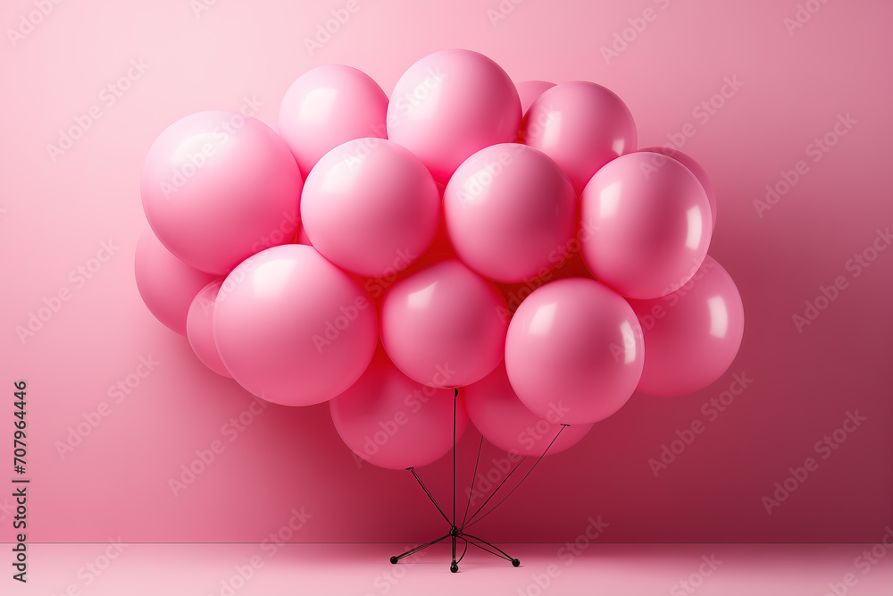 A generative AI image of pink helium party balloons floating on a pink background A generative AI image of pink helium party balloons floating on a pink background