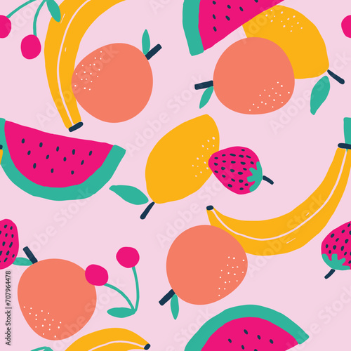 Summer fruit seamless print. Colourful pattern for summer holidays teens girls fashion and swimwear. pink background. Banana, lemon, watermelon, cherries. Cute girly tropical repeat pattern