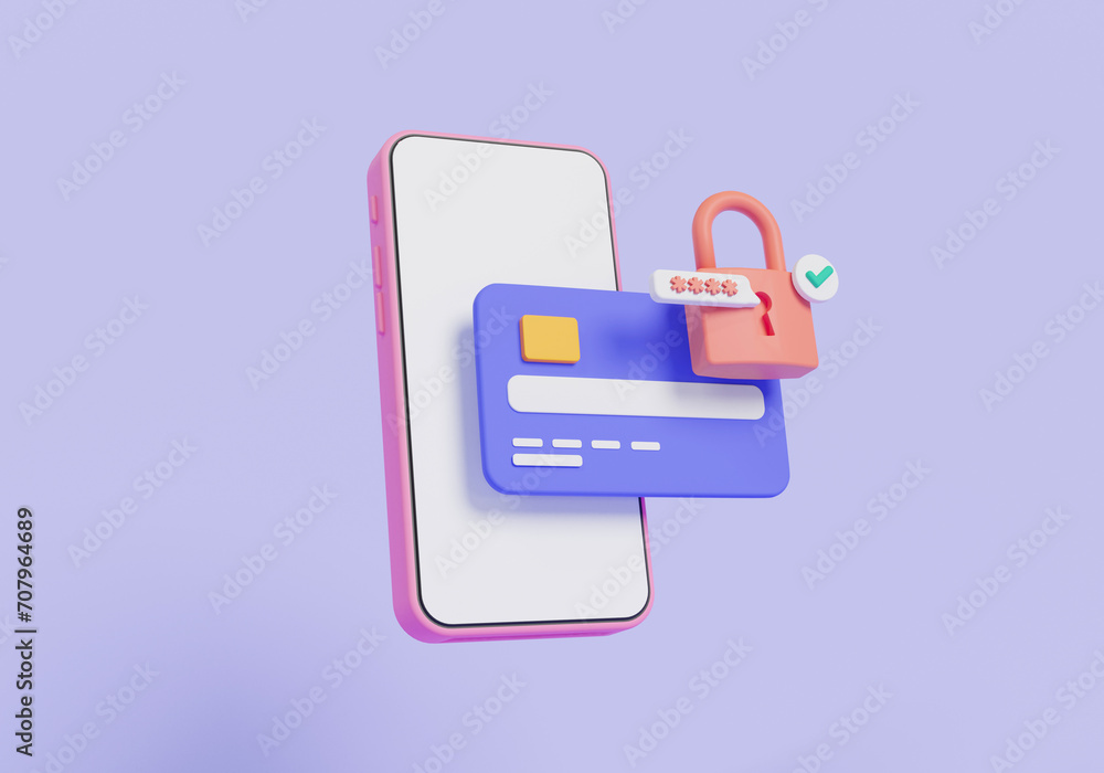 Credit card with padlock and password and approved via mobile. Payment protection concept. secure credit card transaction, password security access, secure online payment. 3d rendering illustration Credit card with padlock and password and approved via mobile. Payment protection concept. secure credit card transaction, password security access, secure online payment. 3d rendering illustration
