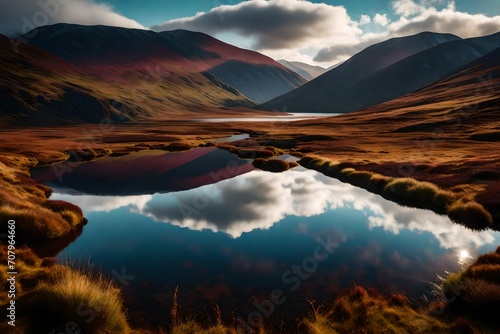 A tranquil scene in the Scottish Highlands  with a mirror-like loch reflecting the surrounding mountains and heather-covered hills.