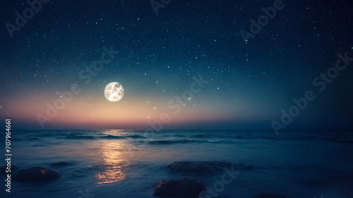 Notte Incantevole- Cielo Stellato con Luna Piena sulla Distesa del Mare photo