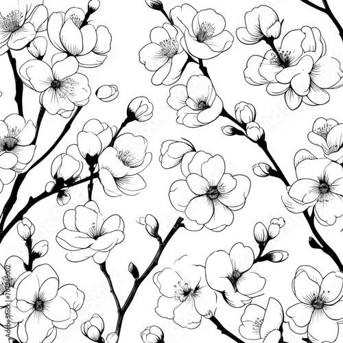 Hand drawn seamless pattern background line cherry blossom