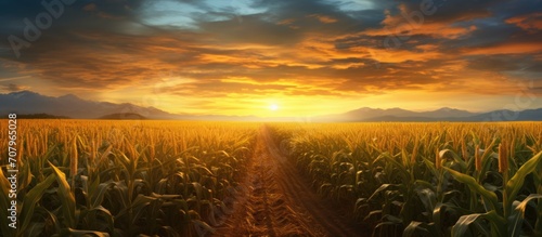 Sunset in an open corn field.