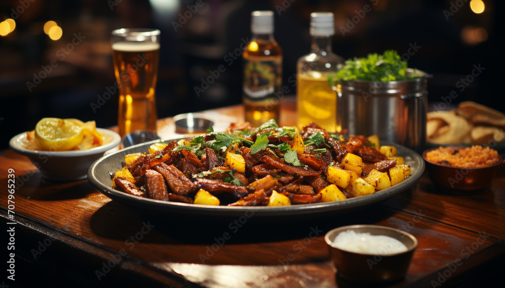 Obraz premium Grilled meat on table, freshness and beer at lunchtime generated by AI