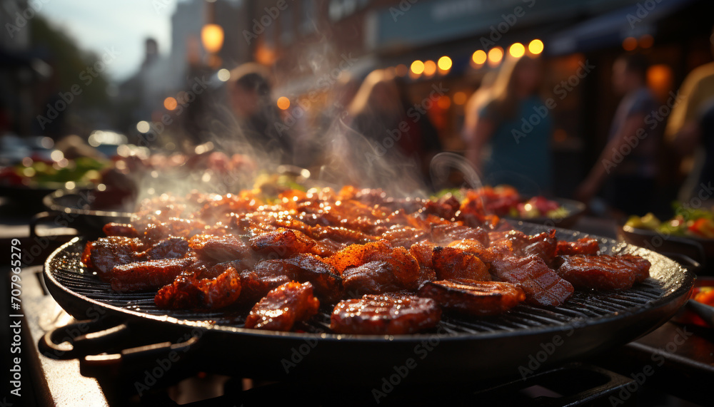 Grilled meat, fire, smoke, close up, picnic, party, celebration, cooked generated by AI