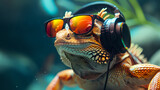 A lizard wearing over the ear headphones and rave sunglasses, good vibes photograph