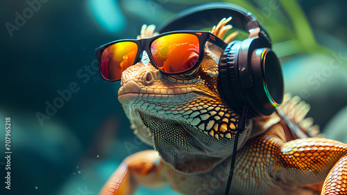 A lizard wearing over the ear headphones and rave sunglasses, good vibes photograph photo
