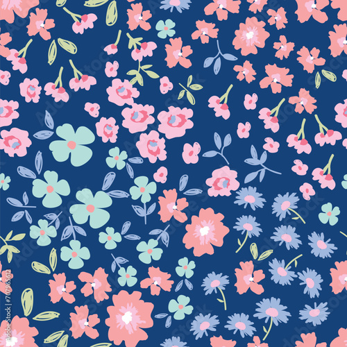 Ditsy floral seamless pattern. Cute small flower and leaves print in repeat. Vector illustration. pretty colours. girly. Hand drawn for girls and teens fashion clothing swim and nightwear. spring
